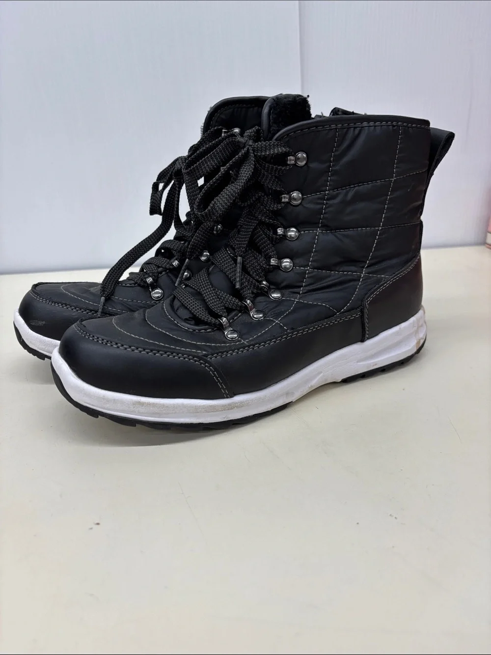 Weatherproof Black Quilted Lace-Up Ankle Boots with White Sole